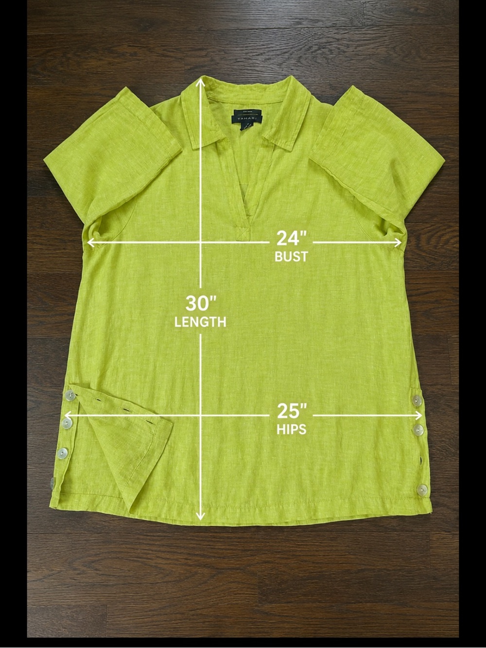 Tahari 100% Linen Lime Green Tunic Blouse 1X Mother-of-Pearl Side Slit Buttons - Picture 11 of 16